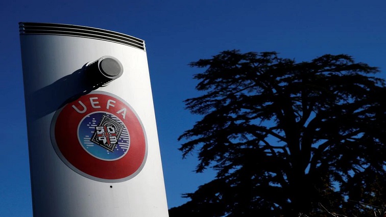 A logo is pictured outside the UEFA in Nyon, Switzerland.