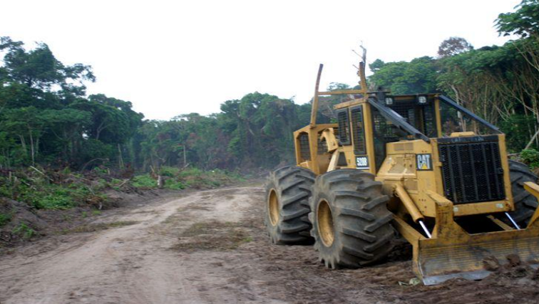 FILE PHOTO: A logging company's tractor sits on the side of a road that has been cut into Congo's forest in the northern province of Equateur October 8, 2004.