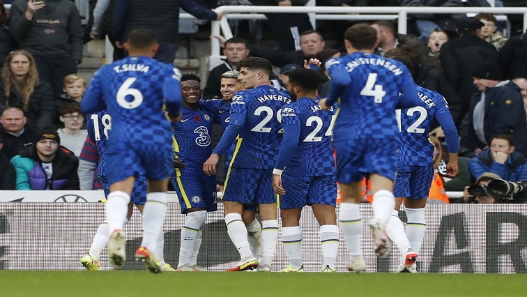 Chelsea's Jorginho celebrates scoring their third goal with teammates.