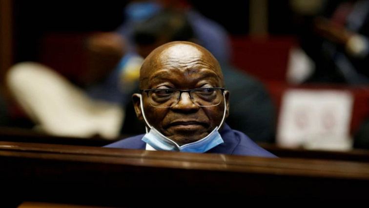 Former South African President Jacob Zuma sits in the dock after recess in his corruption trial in Pietermaritzburg, South Africa, May 26, 2021.