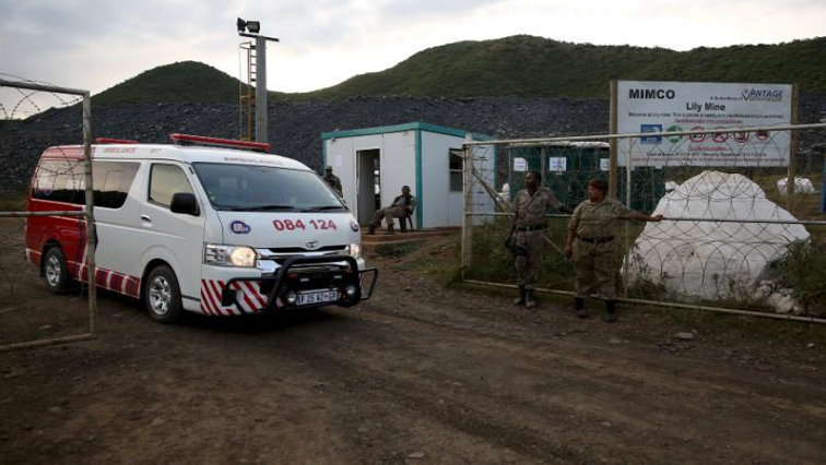 An ambulance parked outside the Lily Mine in Mpumalanga.