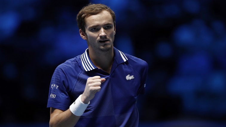 Russia's Daniil Medvedev reacts during his group stage match against Germany's Alexander Zverev