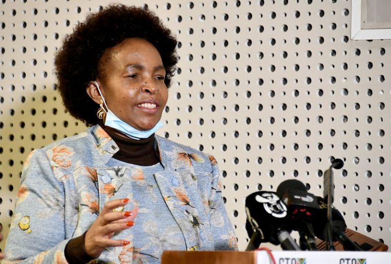 The Minister for Women, Youth and Persons with Disabilities, Maite Nkoana-Mashabane addresses an event in 2020.