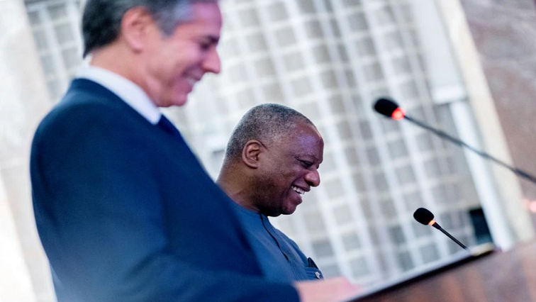Nigerian Foreign Minister Geoffrey Onyeama, accompanied by Secretary of State Antony Blinken, attend a news conference at the Aso Rock Presidential Villa in Abuja, Nigeria, November 18, 2021.