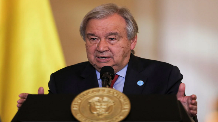 UN Secretary General Antonio Guterres addresses the media at the end of his visit to mark five years since the signing of a peace deal between the FARC rebels and the Colombian government in Bogota, Colombia, November 24, 2021