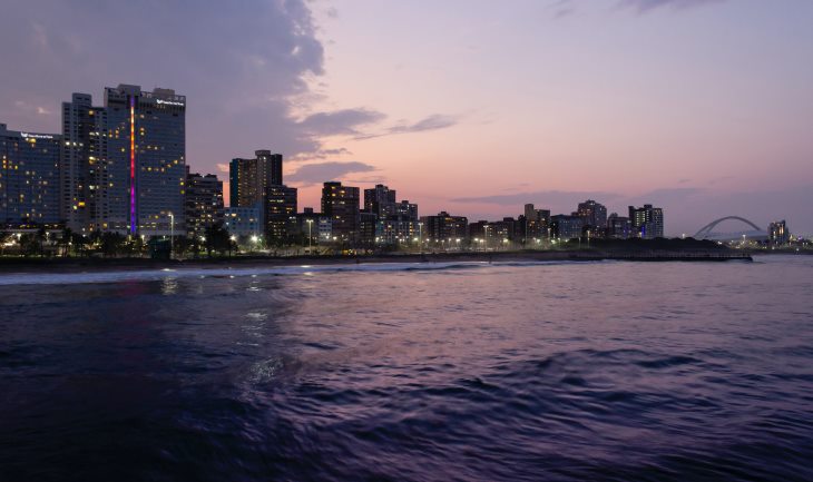 Night view of the Durban beachfront from a boat
