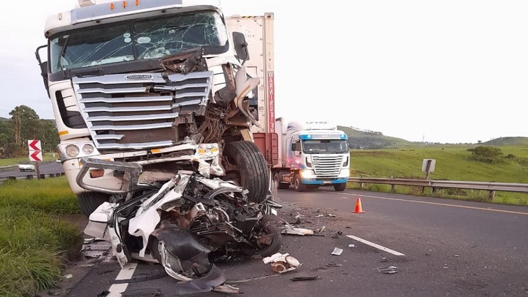 A damaged truck is seen at the scene of a crash N3 near Lions River in the KwaZulu-Natal Midlands on 22 December 2021.
