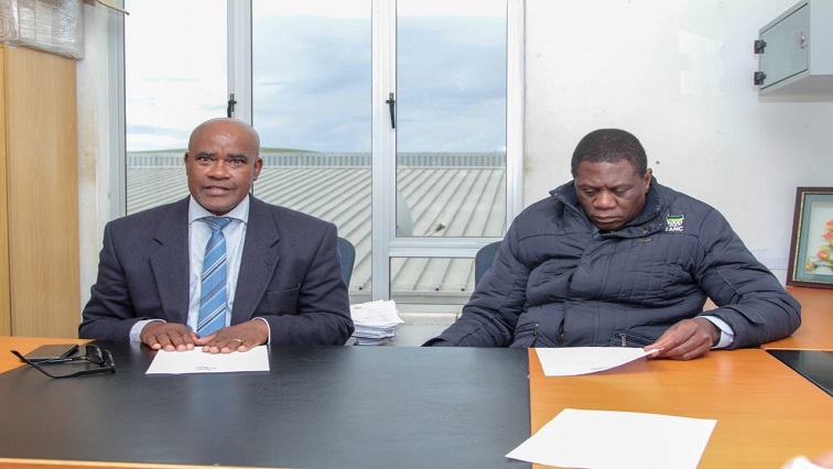 Alfred Nzo District Municipality Council Speaker Simthembile Kulu (left) is pictured with ANC Treasurer-General Paul Mashatile in the Eastern Cape in this picture taken on April 20, 2019.