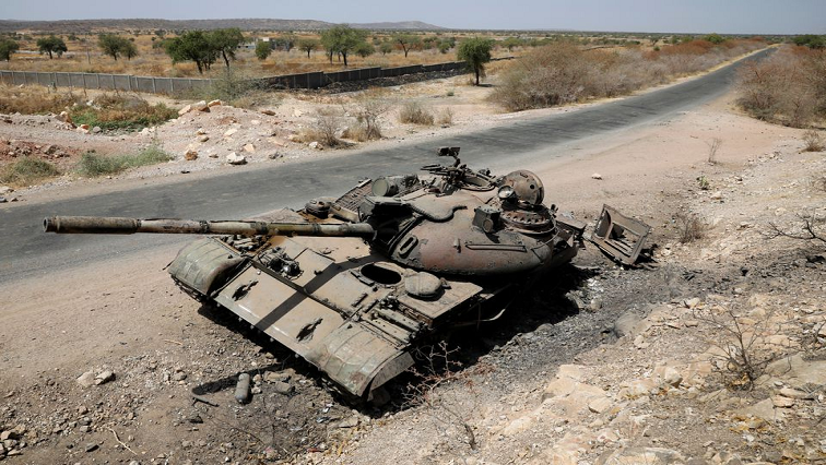 [File photo] A tank damaged in fighting between Ethiopian government and Tigray forces is pictured near the town of Humera, Ethiopia, March 3, 2021. REUTERS/Baz Ratner