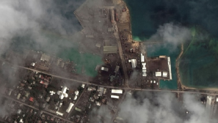 A satellite image shows the main port facilites after the main eruption of the Hunga Tonga-Hunga Ha'apai volcano, in Nuku'alofa, Tonga, January 18, 2022.
