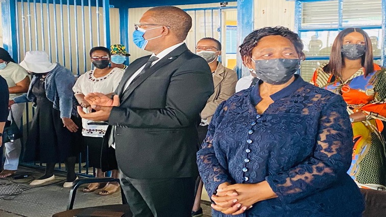 Basic Education Minister Angie Motshekga (right) is seen alongside Gauteng Education MEC Panyaza Lesufi at the Phomolong Secondary School in Tembisa, east of Johannesburg on 25 January 2022.