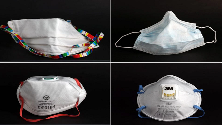 A combination of four images shows a surgical mask (top R), a self-made protective mask (top L), a FFP3 Respirator mask (bottom L) and a FFP2 Respirator mask (bottom R).