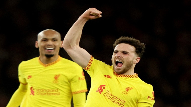 Liverpool's Diogo Jota celebrates scoring their second goal in the Carabao Cup Semi Final against Liverpool, Emirates Stadium, London, January 20,2022