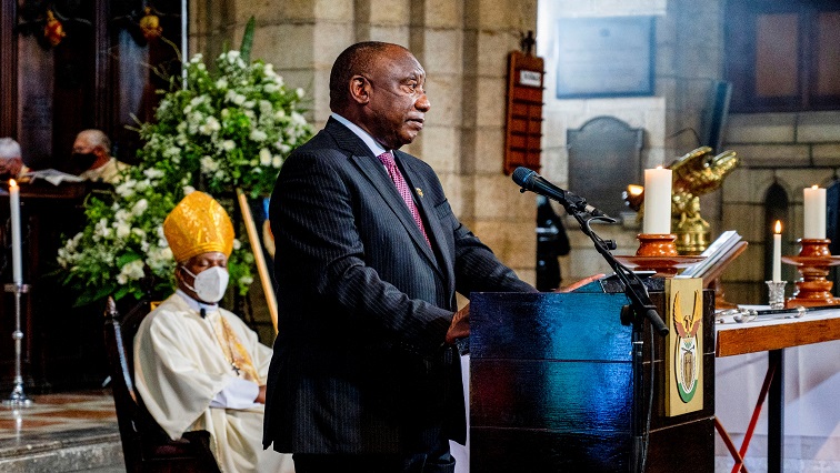 South African President Cyril Ramaphosa speaks during the state funeral of late Archbishop Desmond Tutu at St George's Cathedral in Cape Town