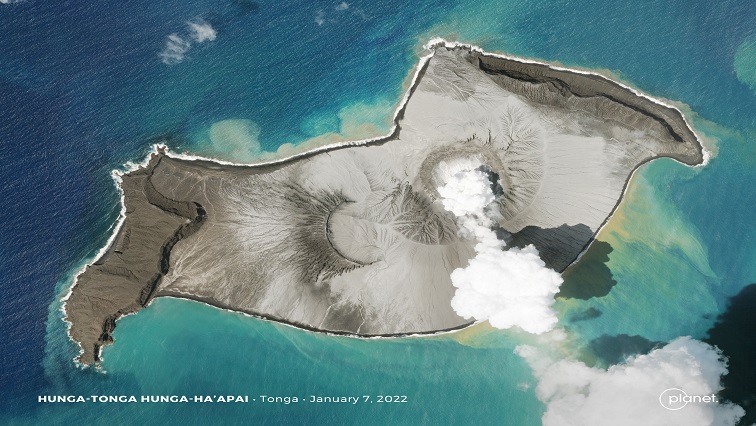 A Planet SkySat image shows a plume of smoke rising from the underwater volcano Hunga Tonga-Hunga Ha'apai days before its eruption on January 15, in Hunga Tonga-Hunga Ha'apai, Tonga