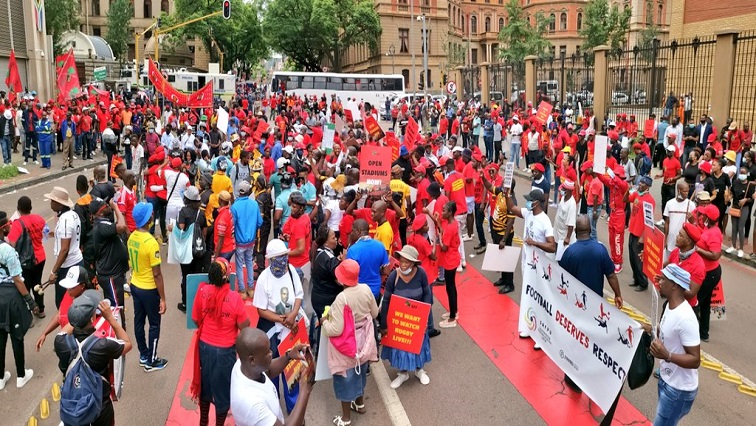 Marchers gather in the Pretoria CBD ahead of the march by the EFF calling for the reopening of soccer stadiums.