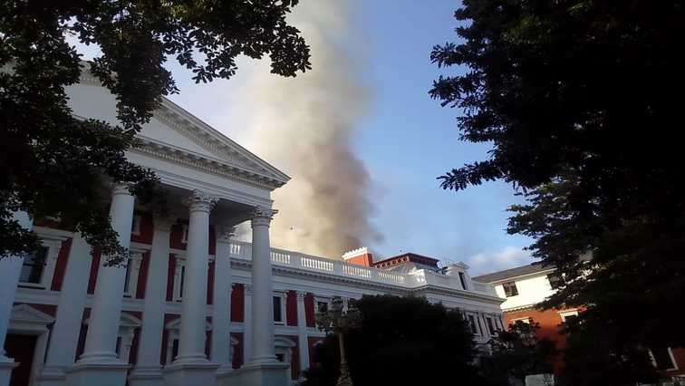 The Parliament building on fire in Cape Town, January 2, 2021.