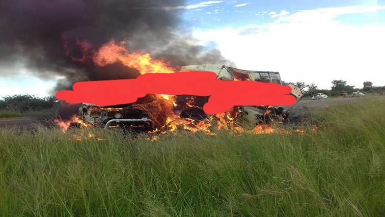 Burning vehicles are seen at the scene of the crash in Limpopo in Mookgophong that claimed the lives of 16 people.