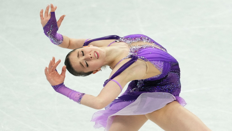Kamila Valieva of the Russian Olympic Committee in action, February 15, 2022.