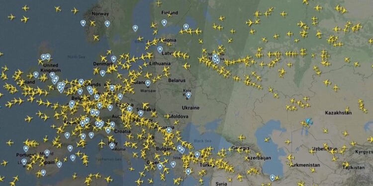 A screen recording of flight tracking website FlightRadar24 shows aircraft diverting around Ukraine, February 24, 2022 in this still image taken from video.  FLIGHTRADAR24.COM