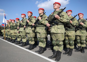 Russian service members attend a ceremony opening the military exercise Zapad-2021 staged by the the armed forces of Russia and Belarus at the Obuz-Lesnovsky training ground in Brest Region, Belarus September 9, 2021. Picture taken September 9, 2021.