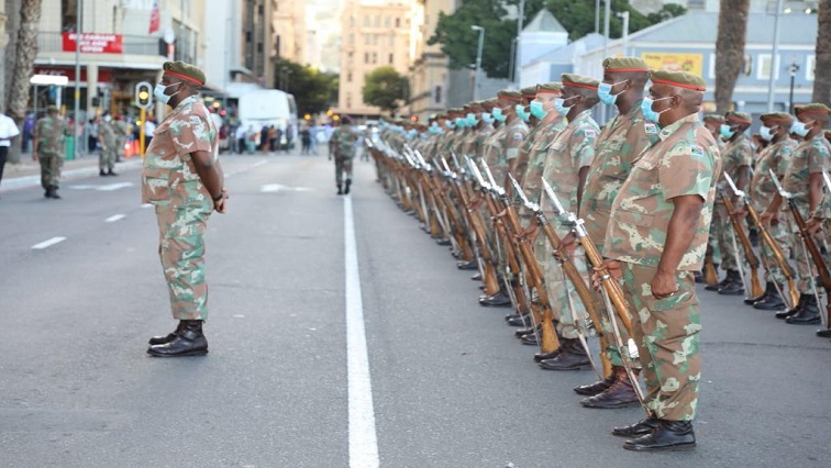 Members of the South African Defence Force KwaZulu-Natal branch are seen in Cape Town on 08 February 2022 during rehearsals ahead of the State of the Nation Address, February 8, 2022.