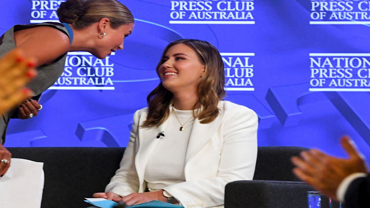 2021 Australian of the Year Grace Tame and advocate for survivors of sexual assault Brittany Higgins attend the National Press Club in Canberra, Australia February 9, 2022.