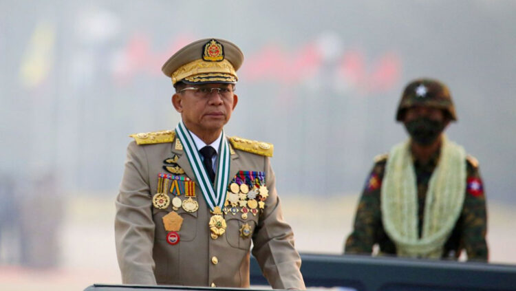 Myanmar's military ruler Min Aung Hlaing presides over an army parade on Armed Forces Day in Naypyitaw, Myanmar.
