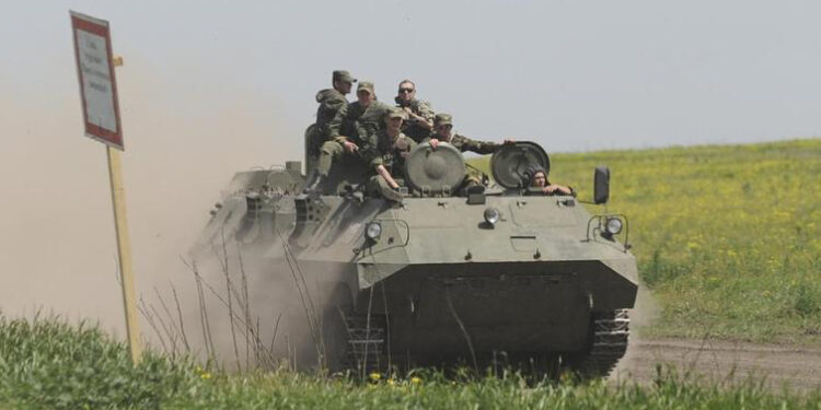 A tank of the Ukrainian Armed Forces during military drills at a training ground near the border with Russian-annexed Crimea in Kherson region.