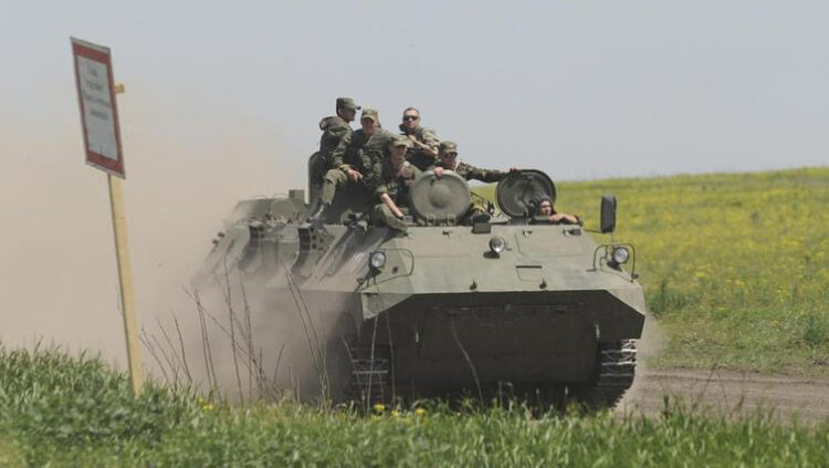 A tank of the Ukrainian Armed Forces during military drills at a training ground near the border with Russian-annexed Crimea in Kherson region.