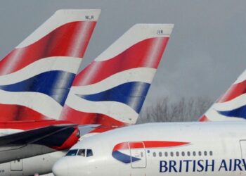 British Airways aircraft are parked at Heathrow Airport.