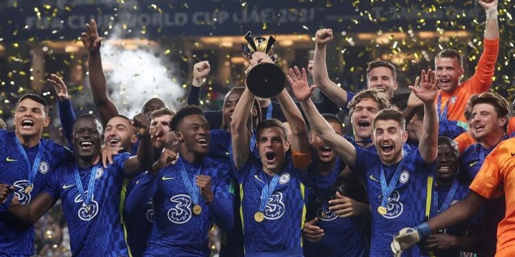 Chelsea's Cesar Azpilicueta lifts the trophy after winning the Club World Cup , February 12, 2022.