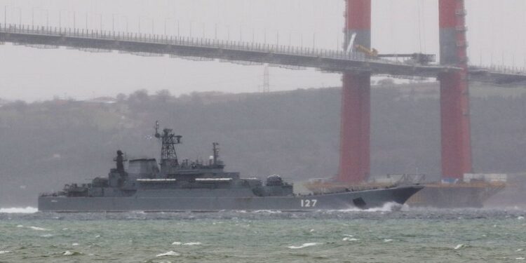 The Russian Navy's landing ship Minsk sets sail in the Dardanelles, on its way to the Black Sea, in Canakkale, Turkey February 8, 2022.