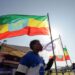 A volunteer holds an Ethiopian flag during a blood donation ceremony for the injured members of Ethiopia's National Defense Forces (ENDF) fighting against Tigray's special forces on the border between Amhara and Tigray, at the stadium in Addis Ababa, Ethiopia November 12, 2020.