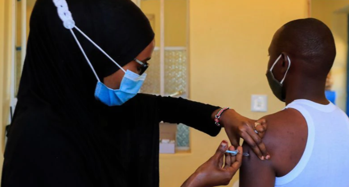 A nurse administers the coronavirus disease (COVID-19) vaccine to a man at the Bissil Health Centre within Iibissil settlement, Matapato North of Kajiado county, Kenya August 23, 2021.