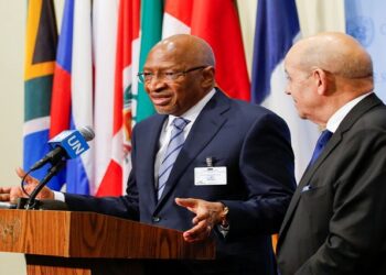 Soumeylou Boubeye Maiga, Prime Minister of the Republic of Mali (L) speaks to media next to Jean-Yves Le Drian, Minister for Europe and Foreign Affairs of France at U.N. headquarters in New York, U.S., March 29, 2019.