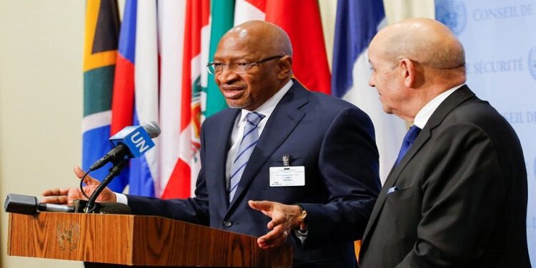 Soumeylou Boubeye Maiga, Prime Minister of the Republic of Mali (L) speaks to media next to Jean-Yves Le Drian, Minister for Europe and Foreign Affairs of France at U.N. headquarters in New York, U.S., March 29, 2019.