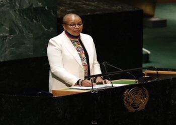 South Africa's Ambassador to the United Nations Mathu Joyini is seen addressing the 66th Session of the Commission on the Status of Women on 14 March 2022.