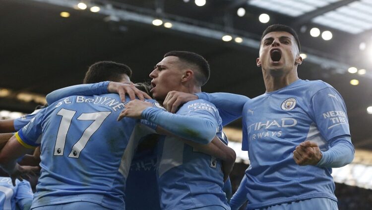 File Photo: Manchester City's Kevin De Bruyne celebrates scoring their second goal with teammates.