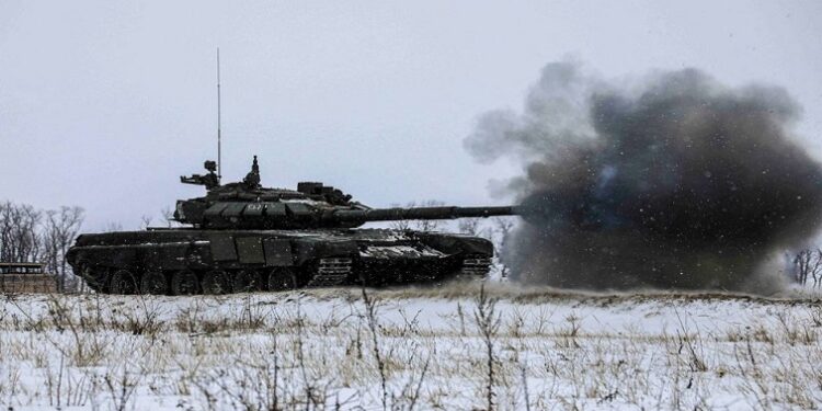[File Image] A tank of Russian armed forces fires during military exercises in the Leningrad Region, Russia.