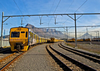 A train is seen on a track in Cape Town.