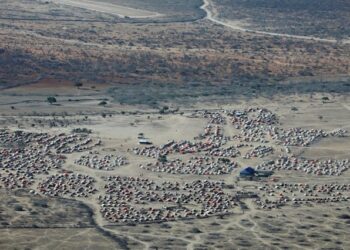 An aerial view shows Iftin Camp for the internally displaced people outside Baradere town, Gedo Region, Jubaland state, Somalia, March 13, 2022.