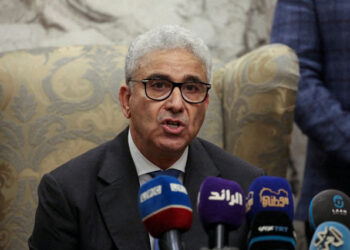 Fathi Bashagha, designated as prime minister by the parliament, delivers a speech at Mitiga International Airport, in Tripoli, Libya.