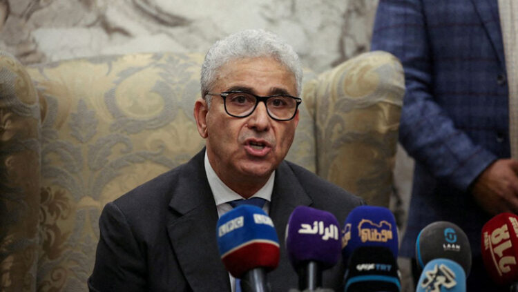 Fathi Bashagha, designated as prime minister by the parliament, delivers a speech at Mitiga International Airport, in Tripoli, Libya.