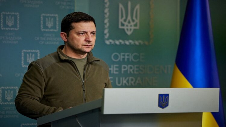 Ukrainian President Volodymyr Zelenskiy makes a statement in Kyiv, Ukraine, February 25, 2022.