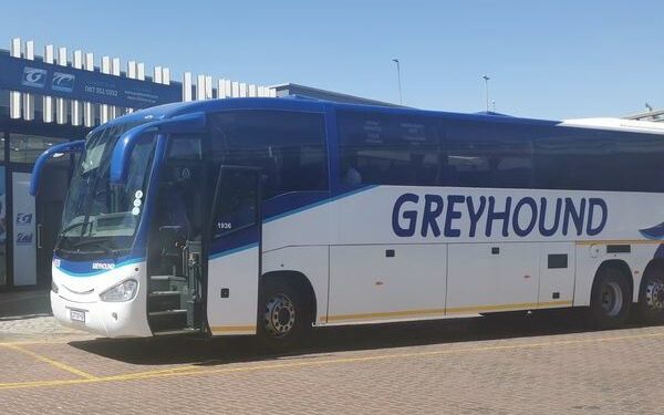 A Greyhound bus parked outside park station in Johannesburg.
