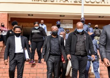 Economic Freedom Fighters (EFF) leader Julius Malema and the party’s MP Mbuyiseni Ndlozi outside the Randburg Magistrate’s Court.