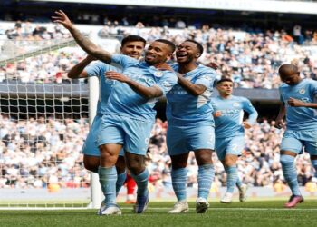File Photo: Manchester City v Watford - Etihad Stadium, Manchester, Britain - April 23, 2022 Manchester City's Gabriel Jesus celebrates with teammates after scoring their fourth goal to complete his hat-trick.