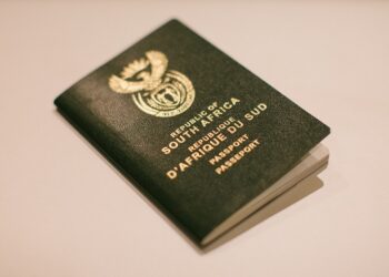 A South African passport seen on a table