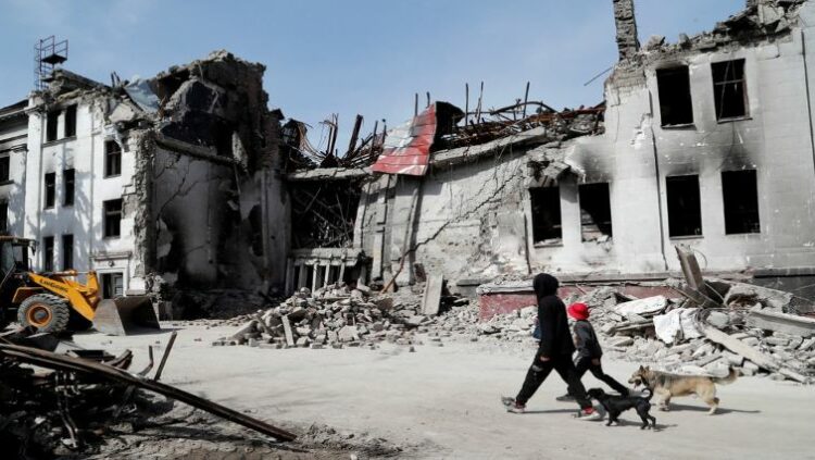 A view shows a theatre building destroyed in the course of Ukraine-Russia conflict in the southern port city of Mariupol, Ukraine April 25, 2022.